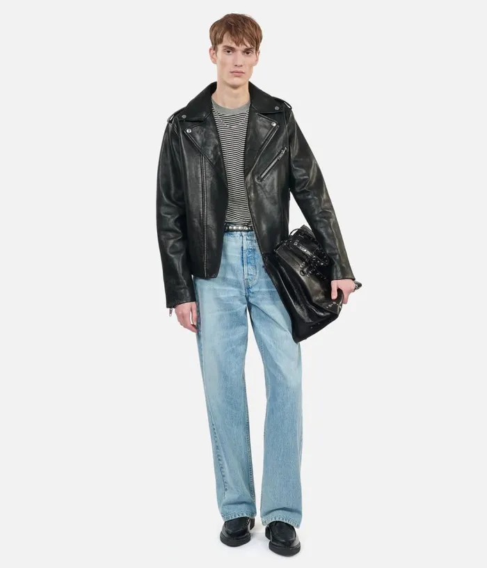 Men Black Leather Biker Jacket THE KOOPLES Coats and Jackets