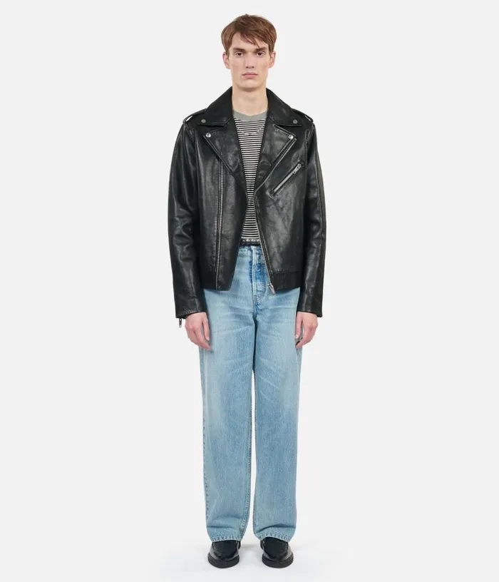 Men Black Leather Biker Jacket THE KOOPLES Coats and Jackets