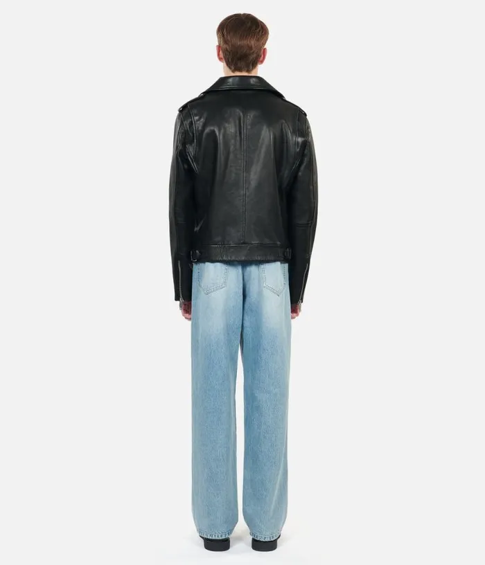 Men Black Leather Biker Jacket THE KOOPLES Coats and Jackets