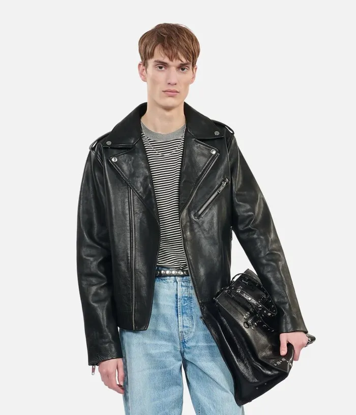 Men Black Leather Biker Jacket THE KOOPLES Coats and Jackets