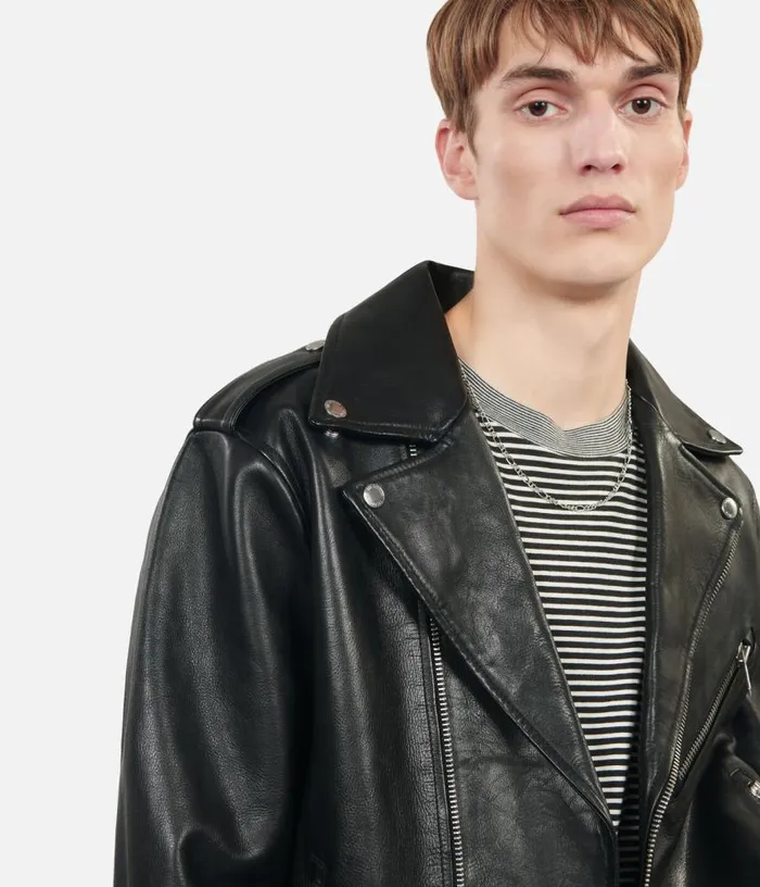Men Black Leather Biker Jacket THE KOOPLES Coats and Jackets