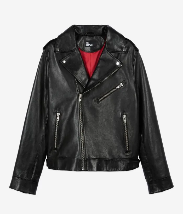 Men Black Leather Biker Jacket THE KOOPLES Coats and Jackets