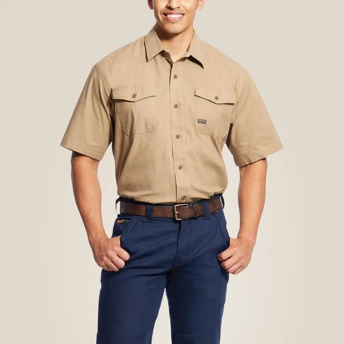 Men Button Down Shirts Ariat Rebar Made Tough DuraStretch Work Shirt Khaki