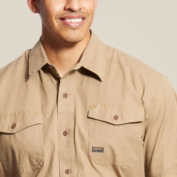 Men Button Down Shirts Ariat Rebar Made Tough DuraStretch Work Shirt Khaki