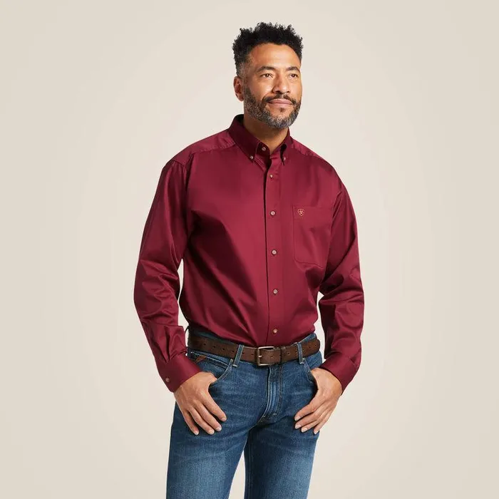 Men Button Down Shirts Ariat Solid Twill Classic Fit Shirt Burgundy