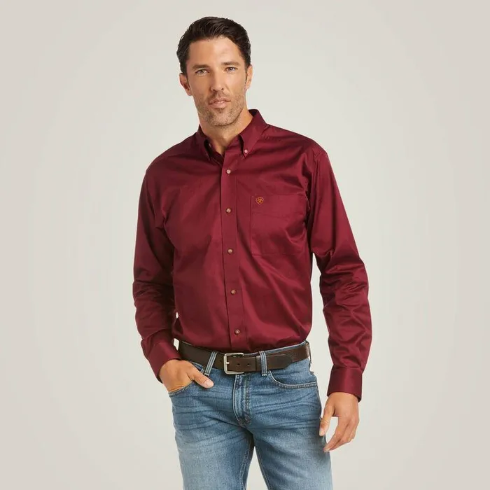 Men Button Down Shirts Ariat Solid Twill Fitted Shirt Burgundy