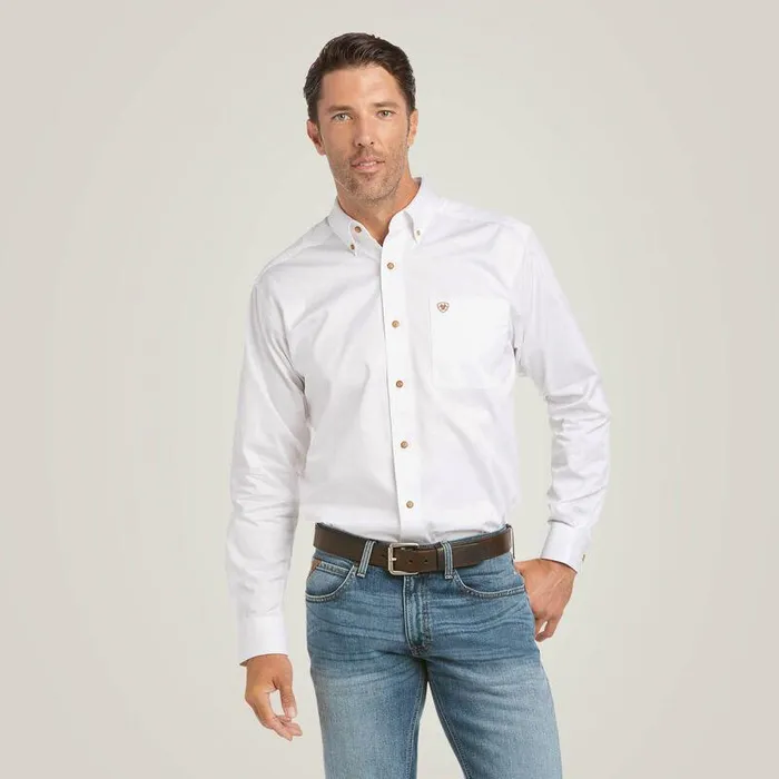 Men Button Down Shirts Ariat Solid Twill Fitted Shirt White