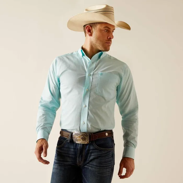 Men Button Down Shirts Ariat Wrinkle Free Shepard Fitted Shirt Blue Radiance