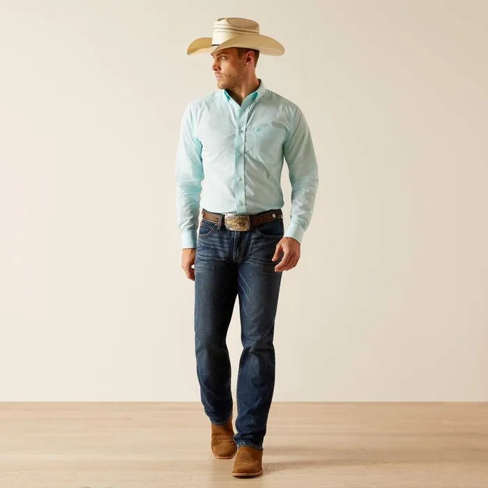 Men Button Down Shirts Ariat Wrinkle Free Shepard Fitted Shirt Blue Radiance