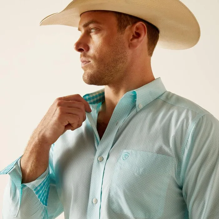 Men Button Down Shirts Ariat Wrinkle Free Shepard Fitted Shirt Blue Radiance