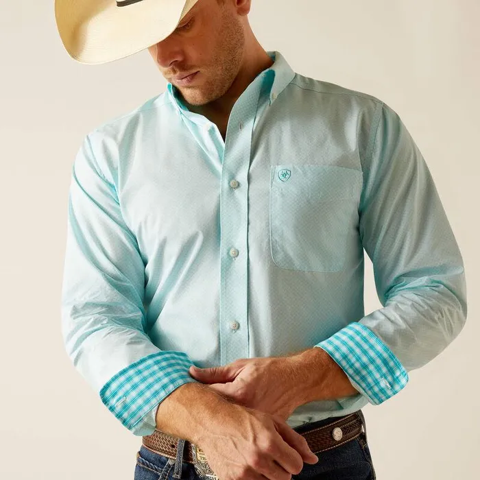 Men Button Down Shirts Ariat Wrinkle Free Shepard Fitted Shirt Blue Radiance