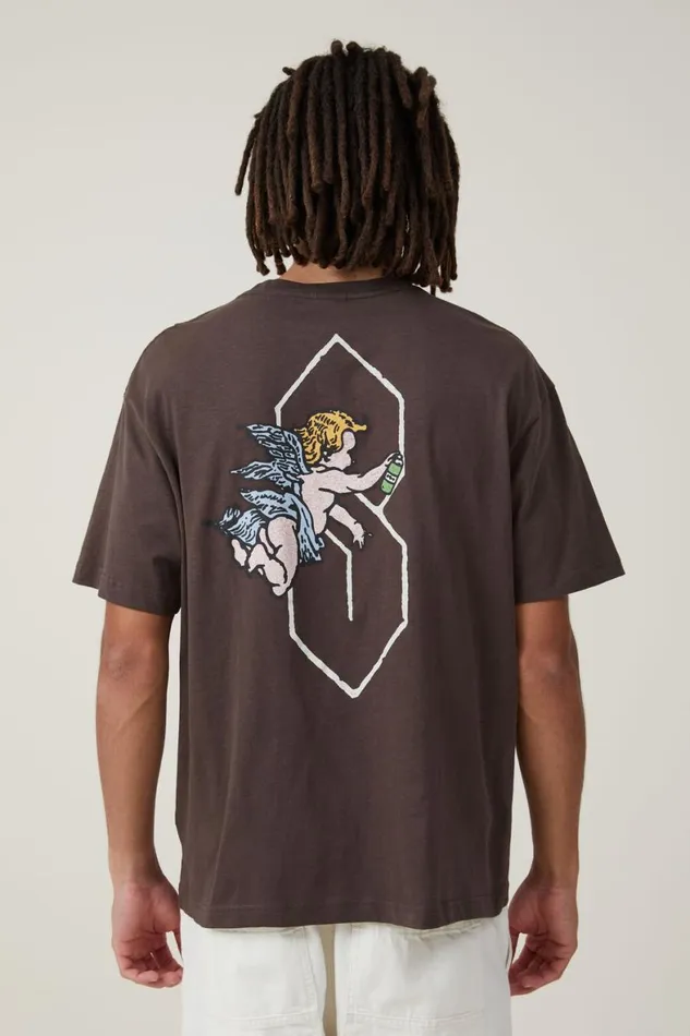 Men Graphic TShirts Cotton On Loose Fit Art TShirt Ashen Browncherub Tag