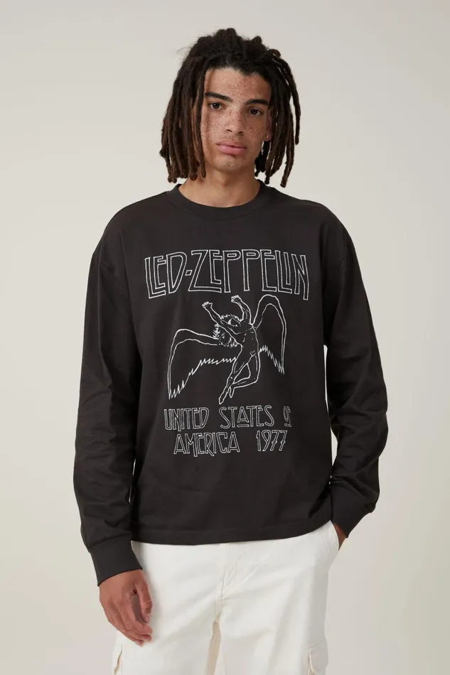 Men Graphic TShirts Cotton On Music Long Sleeve TShirt Lcn Led Washed Blackled Zeppelinicarus Lo