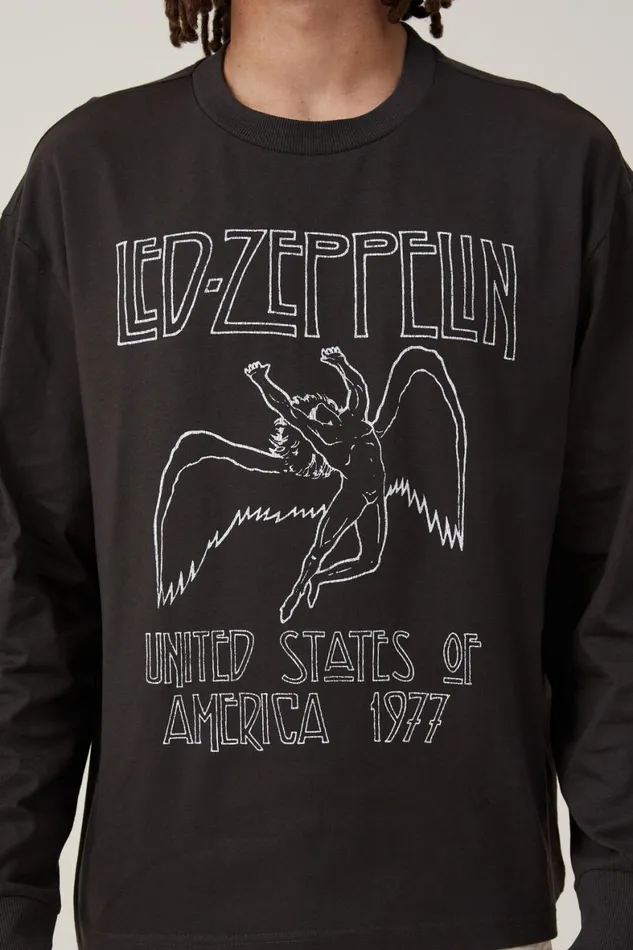 Men Graphic TShirts Cotton On Music Long Sleeve TShirt Lcn Led Washed Blackled Zeppelinicarus Lo