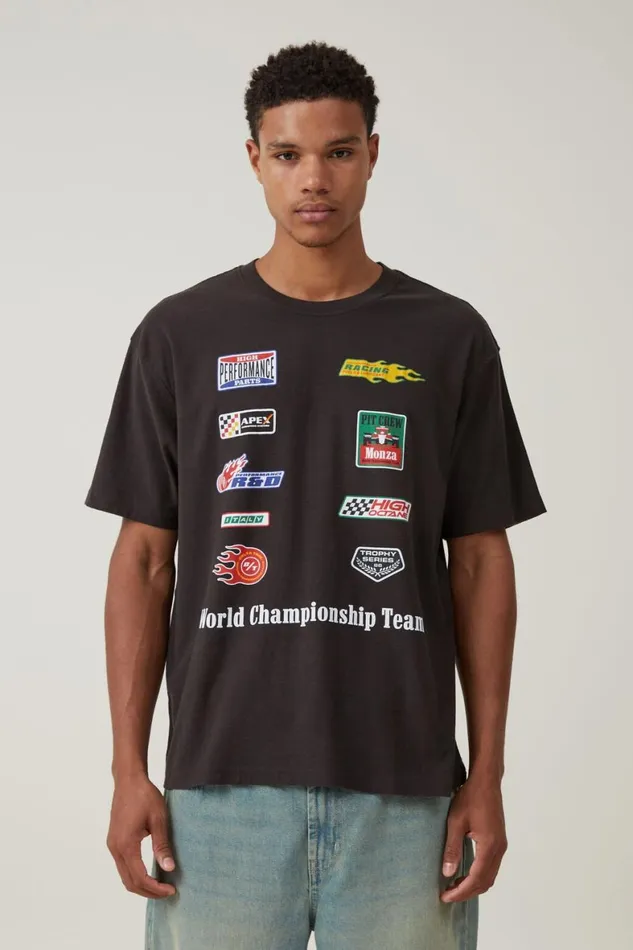 Men Graphic TShirts Cotton On Pit Stop Loose Fit TShirt Washed Black World Championship Logo
