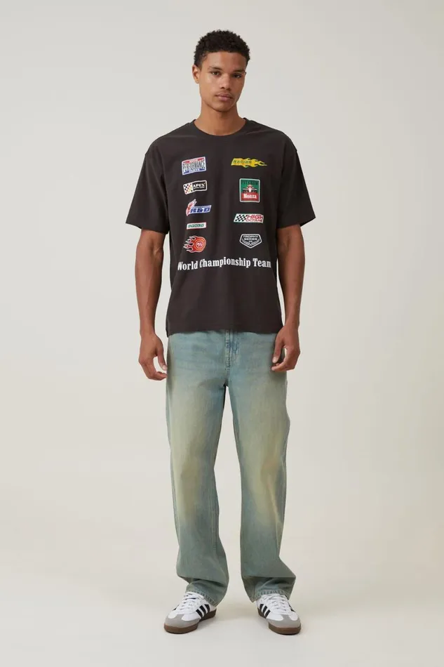 Men Graphic TShirts Cotton On Pit Stop Loose Fit TShirt Washed Black World Championship Logo