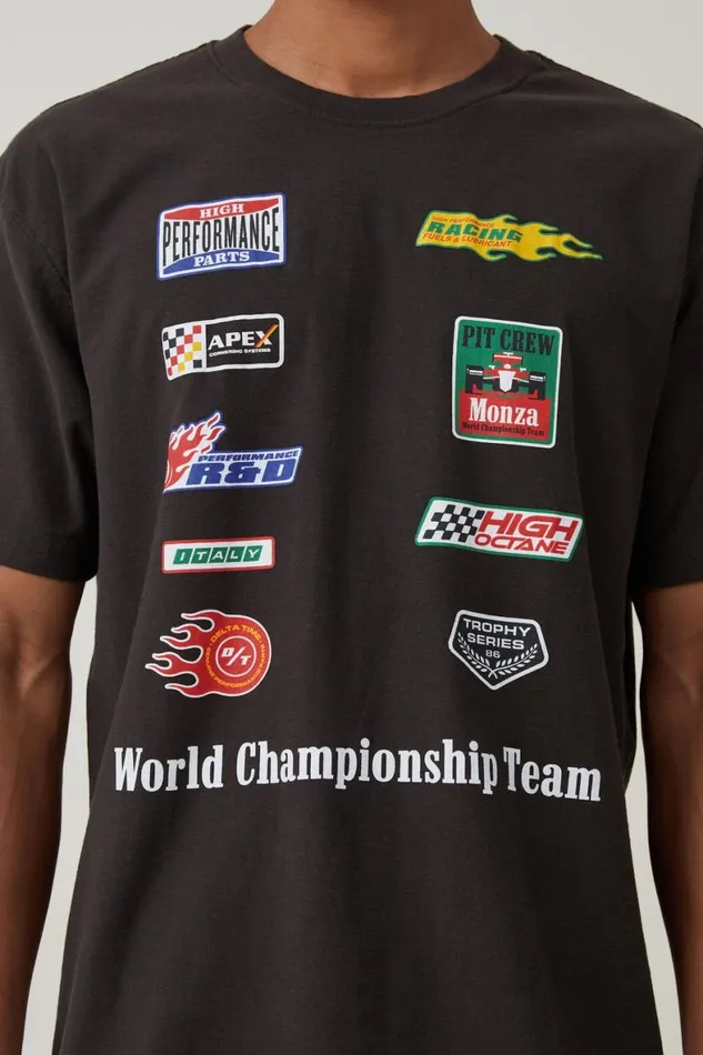 Men Graphic TShirts Cotton On Pit Stop Loose Fit TShirt Washed Black World Championship Logo