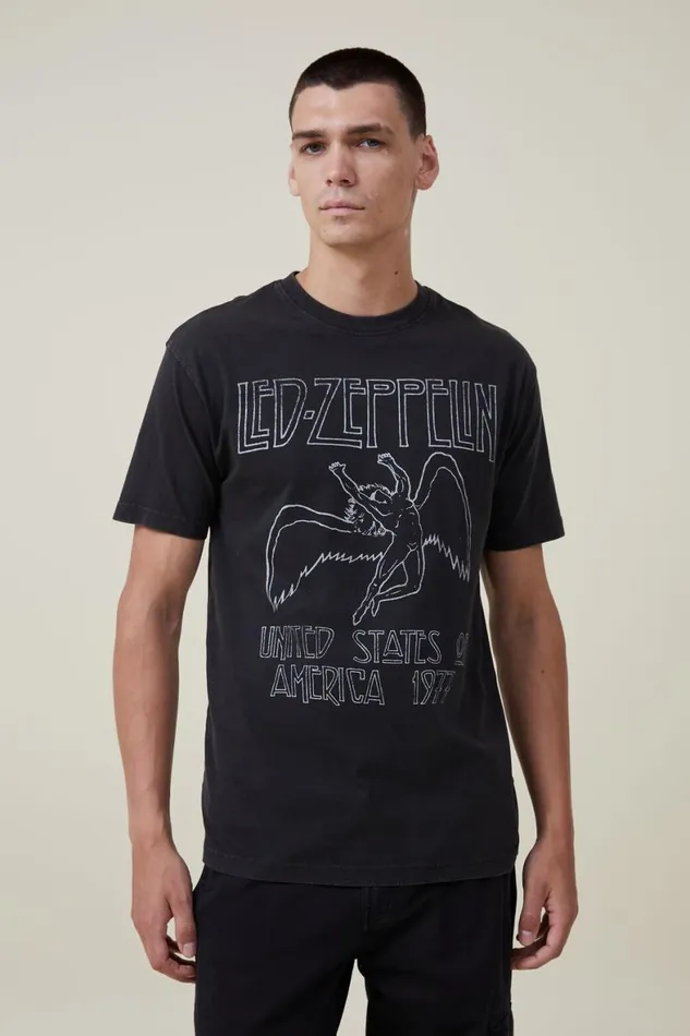 Men Graphic TShirts Cotton On Premium Loose Fit Music TShirt Lcn Led Washed Blackled Zeppelinicarus Logo