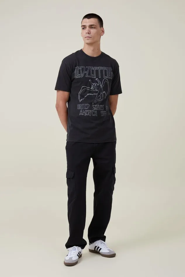 Men Graphic TShirts Cotton On Premium Loose Fit Music TShirt Lcn Led Washed Blackled Zeppelinicarus Logo