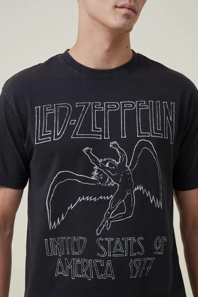 Men Graphic TShirts Cotton On Premium Loose Fit Music TShirt Lcn Led Washed Blackled Zeppelinicarus Logo