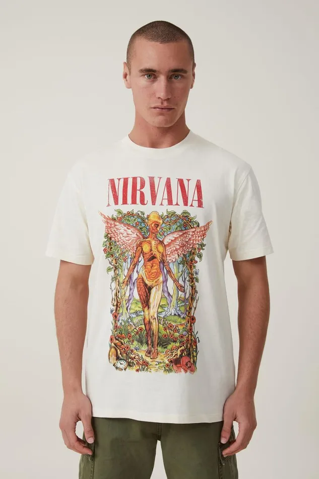 Men Graphic TShirts Cotton On Premium Loose Fit Music TShirt Lcn Mt Creampuffnirvanafloral In Utero
