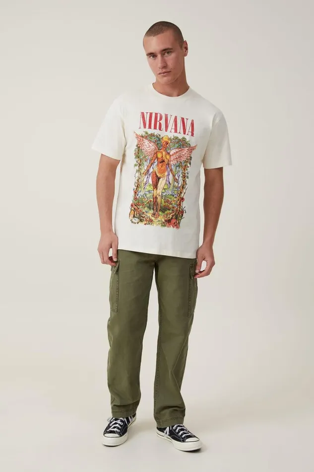 Men Graphic TShirts Cotton On Premium Loose Fit Music TShirt Lcn Mt Creampuffnirvanafloral In Utero