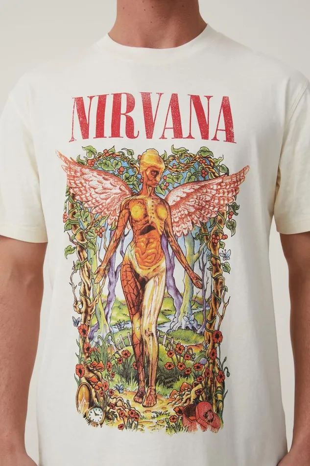 Men Graphic TShirts Cotton On Premium Loose Fit Music TShirt Lcn Mt Creampuffnirvanafloral In Utero