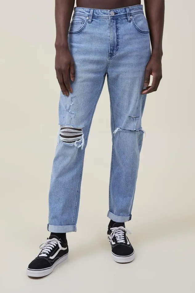 Men Jeans Cotton On Relaxed Tapered Jean Surf Blue Ripped