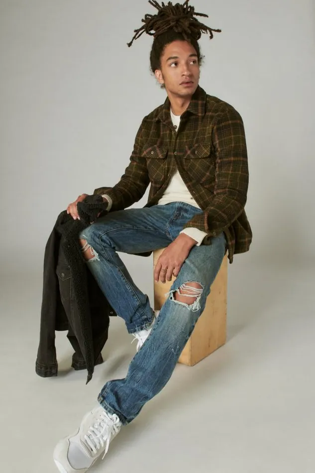 Men Lucky Brand ButtonDowns Buffalo Plaid Knit Shirting Olive Multi