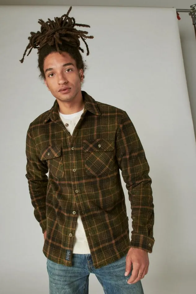 Men Lucky Brand ButtonDowns Buffalo Plaid Knit Shirting Olive Multi