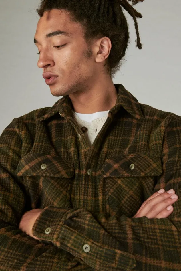 Men Lucky Brand ButtonDowns Buffalo Plaid Knit Shirting Olive Multi