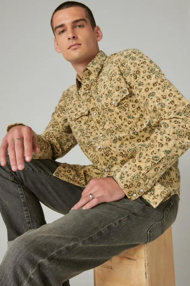 Men Lucky Brand ButtonDowns Corduroy Printed Western Long Sleeve Shirt Camo Multi