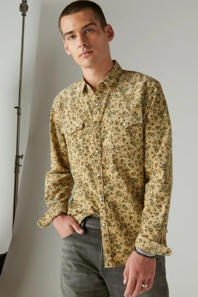 Men Lucky Brand ButtonDowns Corduroy Printed Western Long Sleeve Shirt Camo Multi