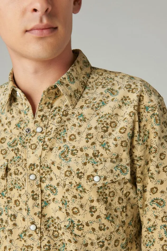 Men Lucky Brand ButtonDowns Corduroy Printed Western Long Sleeve Shirt Camo Multi