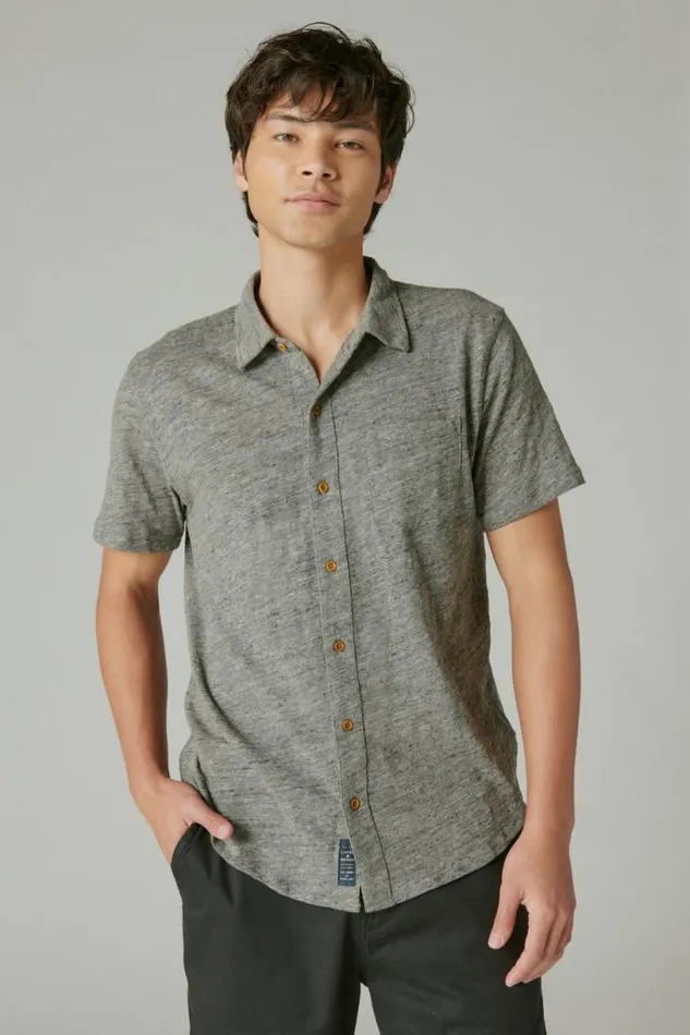 Men Lucky Brand ButtonDowns Linen Short Sleeve Button Up Shirt Heather Grey