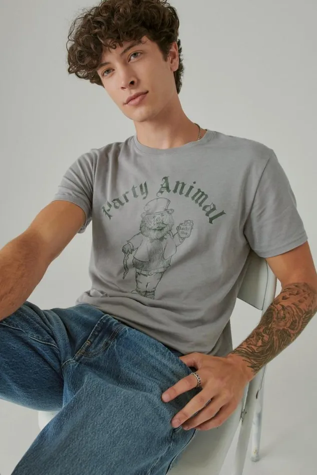 Men Lucky Brand Graphic Tees Party Bear Neutral Grey