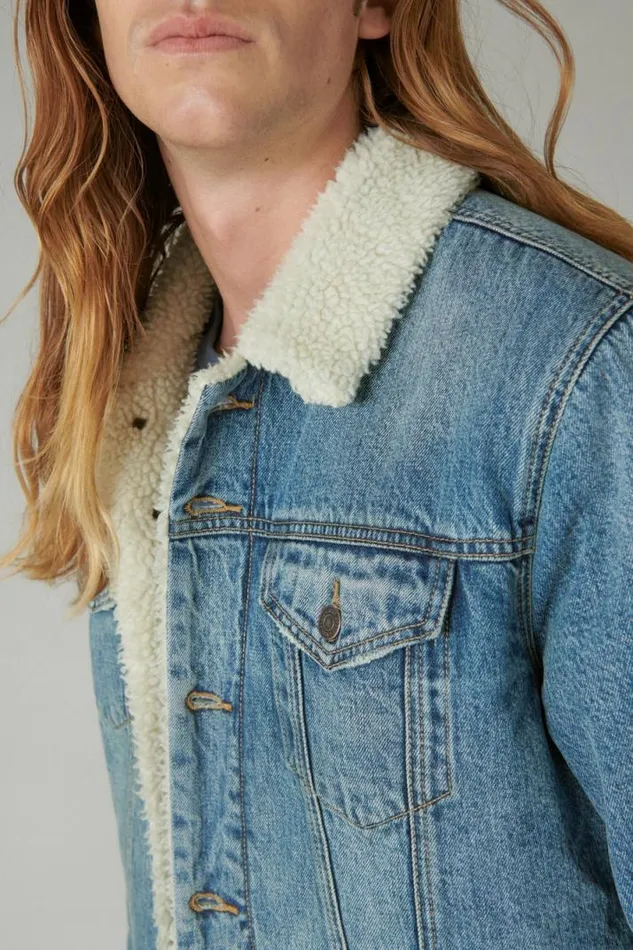 Men Lucky Brand Jackets and Outerwear Faux Shearling Lined Denim Trucker Jacket Noah