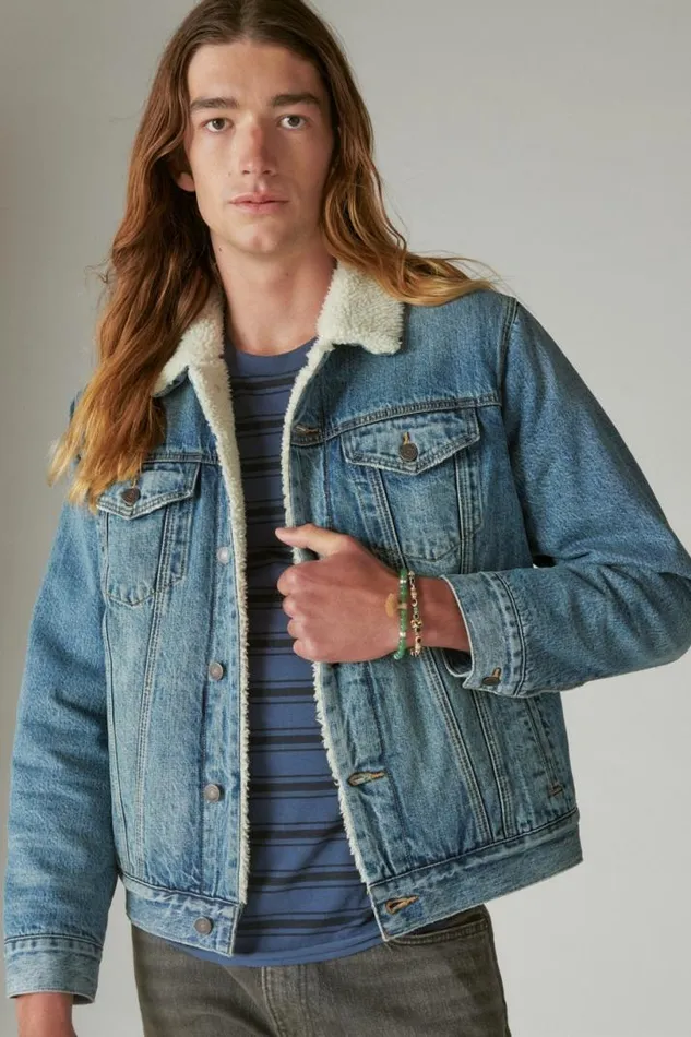 Men Lucky Brand Jackets and Outerwear Faux Shearling Lined Denim Trucker Jacket Noah