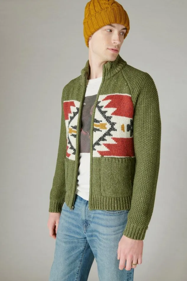 Men Lucky Brand Sweaters Southwestern Print Full Zip Bomber Sweater Olive Multi