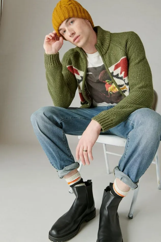 Men Lucky Brand Sweaters Southwestern Print Full Zip Bomber Sweater Olive Multi
