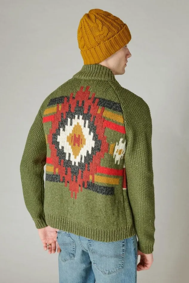 Men Lucky Brand Sweaters Southwestern Print Full Zip Bomber Sweater Olive Multi