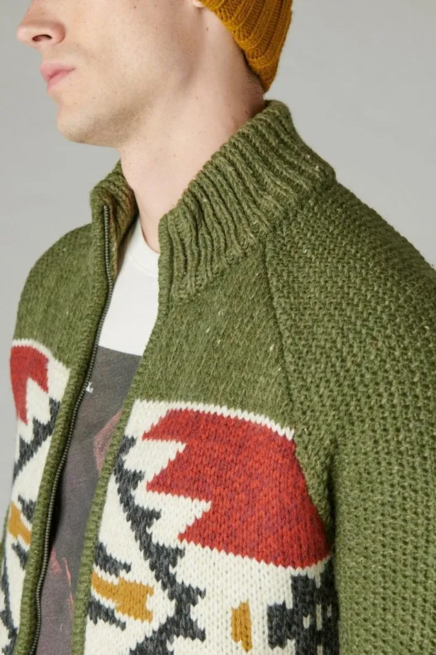 Men Lucky Brand Sweaters Southwestern Print Full Zip Bomber Sweater Olive Multi