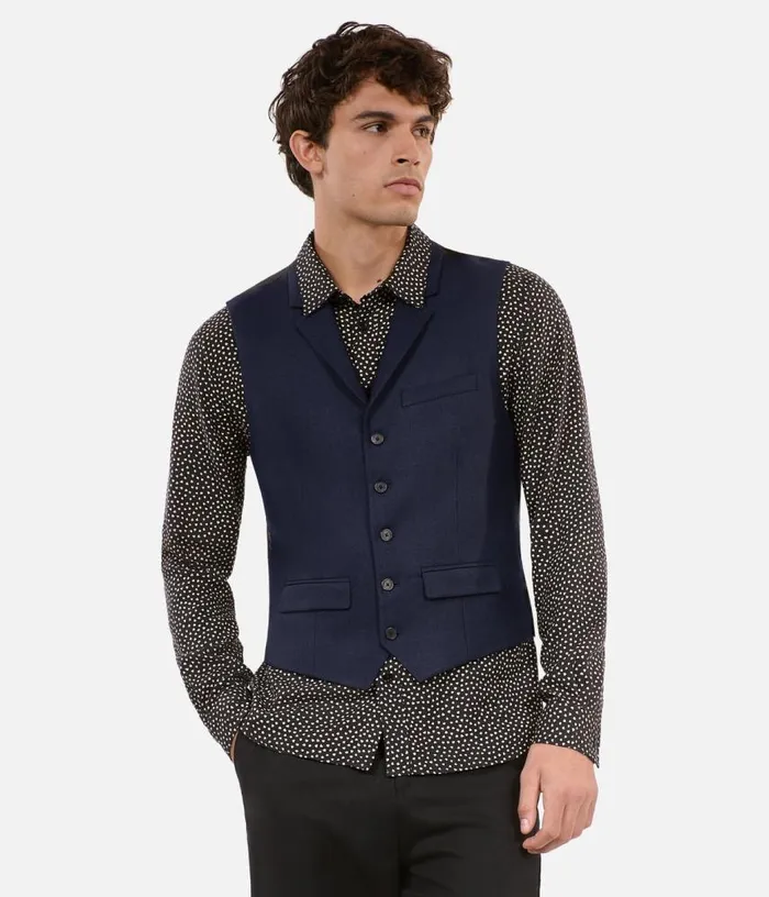 Men Navy Blue Wool Blend Waistcoat THE KOOPLES Blazers and Suits