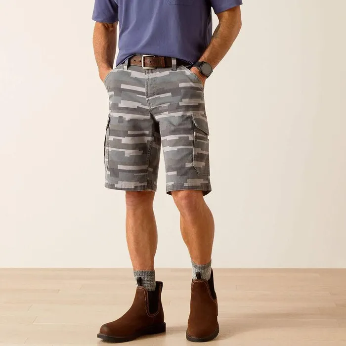 Men Pants and Shorts Ariat Rebar DuraStretch Made Tough Cargo 11quot Short Rebar Grey Masonry Camo