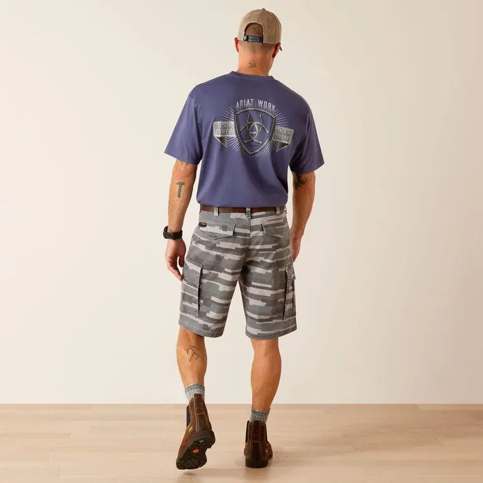 Men Pants and Shorts Ariat Rebar DuraStretch Made Tough Cargo 11quot Short Rebar Grey Masonry Camo
