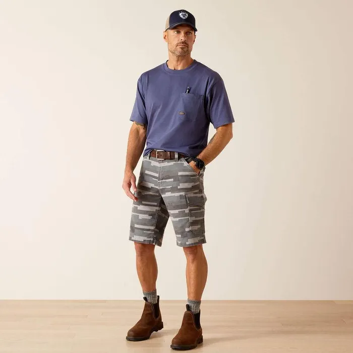 Men Pants and Shorts Ariat Rebar DuraStretch Made Tough Cargo 11quot Short Rebar Grey Masonry Camo