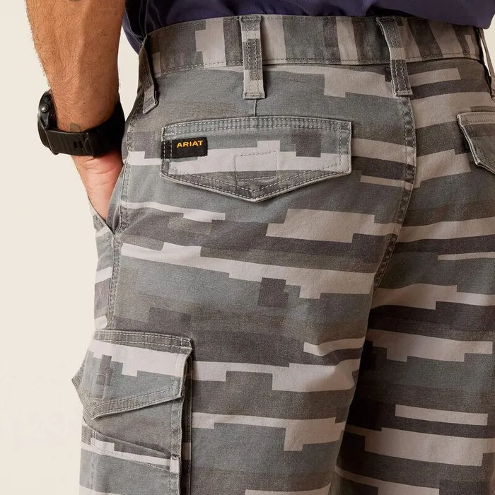 Men Pants and Shorts Ariat Rebar DuraStretch Made Tough Cargo 11quot Short Rebar Grey Masonry Camo