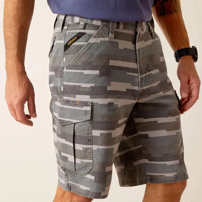 Men Pants and Shorts Ariat Rebar DuraStretch Made Tough Cargo 11quot Short Rebar Grey Masonry Camo