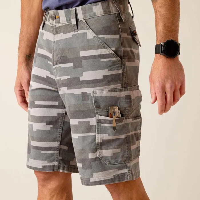 Men Pants and Shorts Ariat Rebar DuraStretch Made Tough Cargo 11quot Short Rebar Grey Masonry Camo