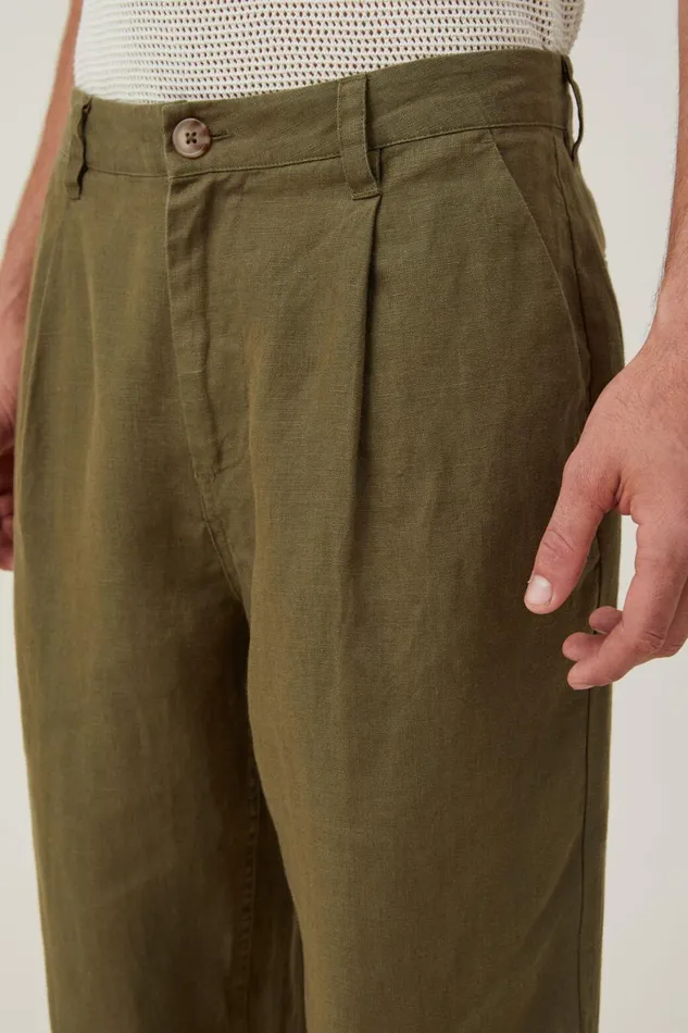 Men Pants Cotton On Linen Pleat Pant Fatigue Green
